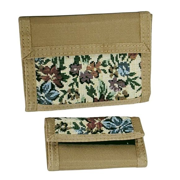 Vintage Nylon Floral Tapestry Wallet Bill Fold Key Case Brown Blue Purple - Picture 1 of 4